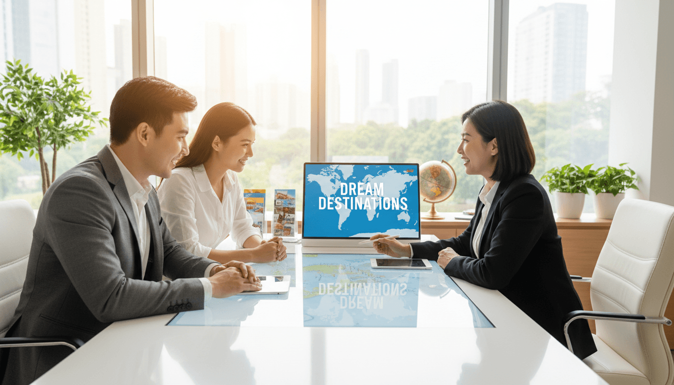 Travel agent helping a couple plan their vacation at a bright desk