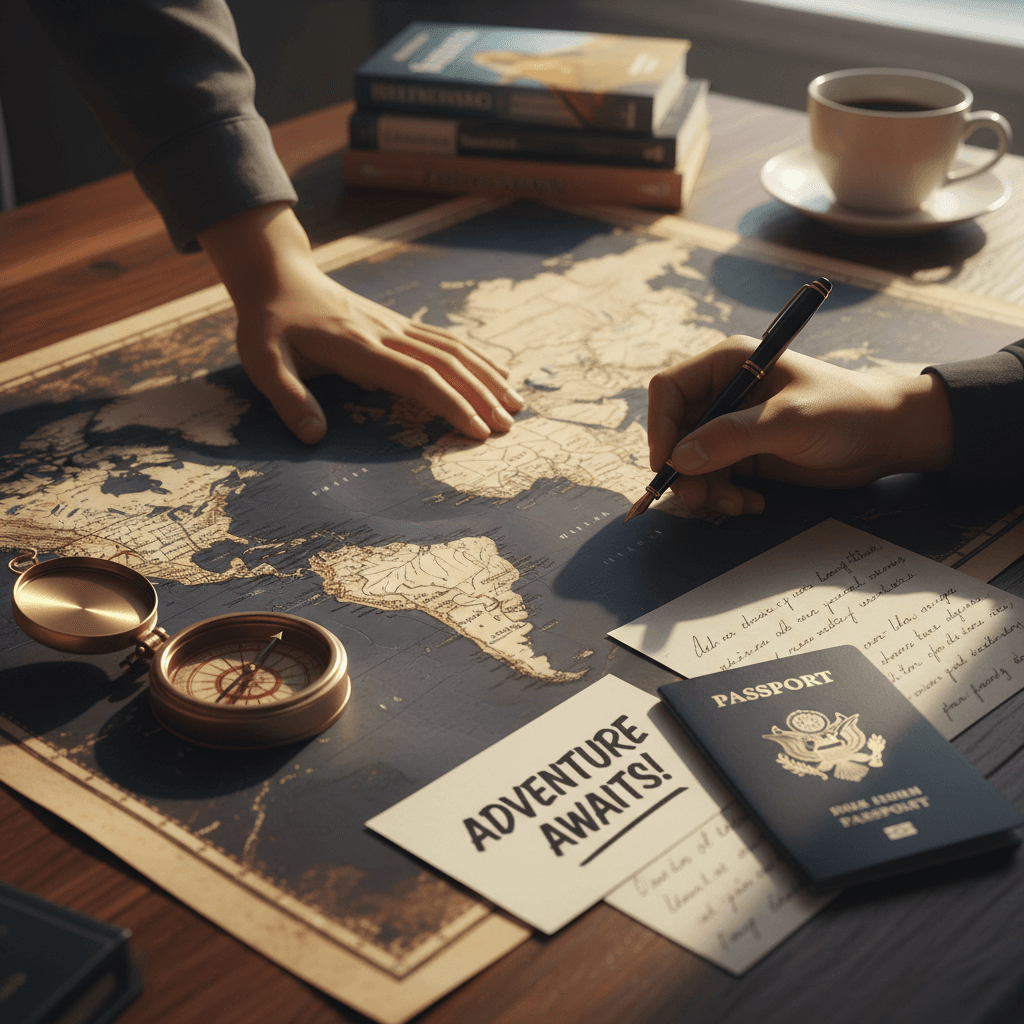 Traveler reviewing a map with a passport at a bright desk