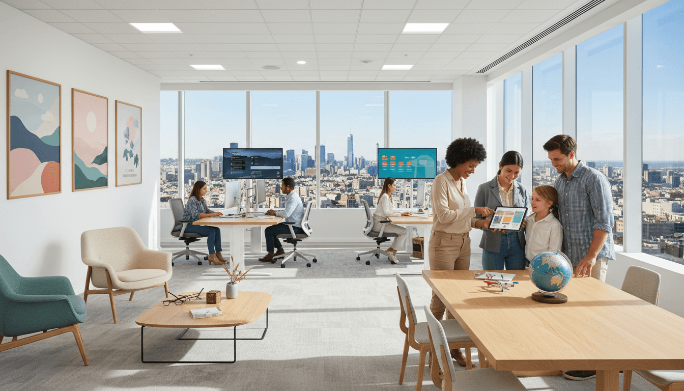 Couple looking at a map with a travel agent in a bright office