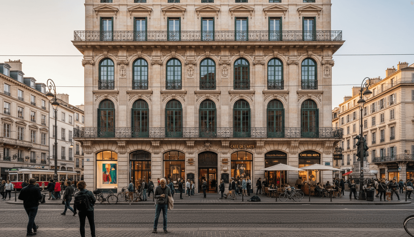 European city street with outdoor cafe